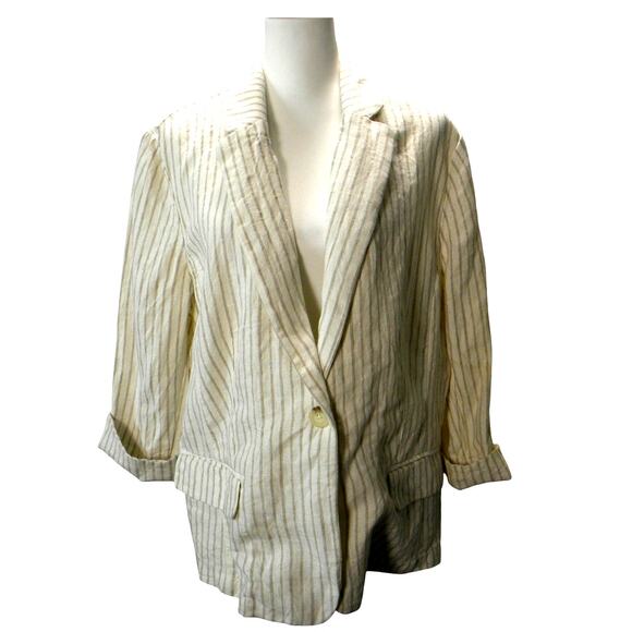 Chicos 100% Linen Cream Tan Striped Lightweight Blazer Single Button XL Casual - Picture 1 of 8